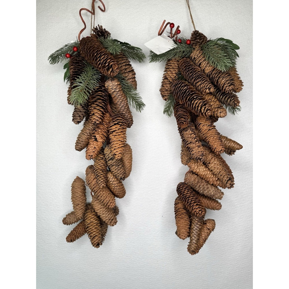 2 Natural Pinecone 26" Teardrop Swags Red Berry Hanging Winter Decor Christmas